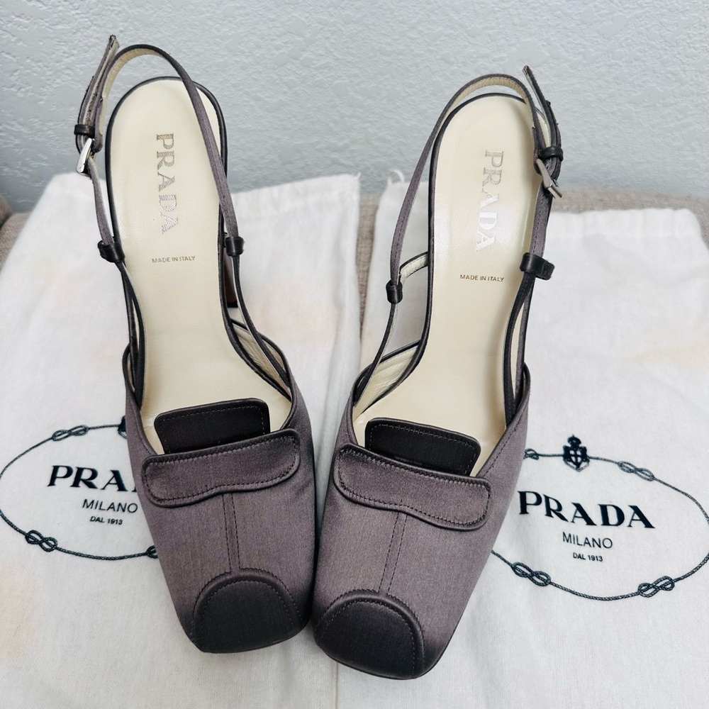 Prada Women's Satin Slingback Heels - Gray - Picture 3 of 5